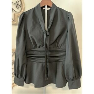 Grace Karin High Collar Tie‎ Poplin Black Blouse Elegant Size M